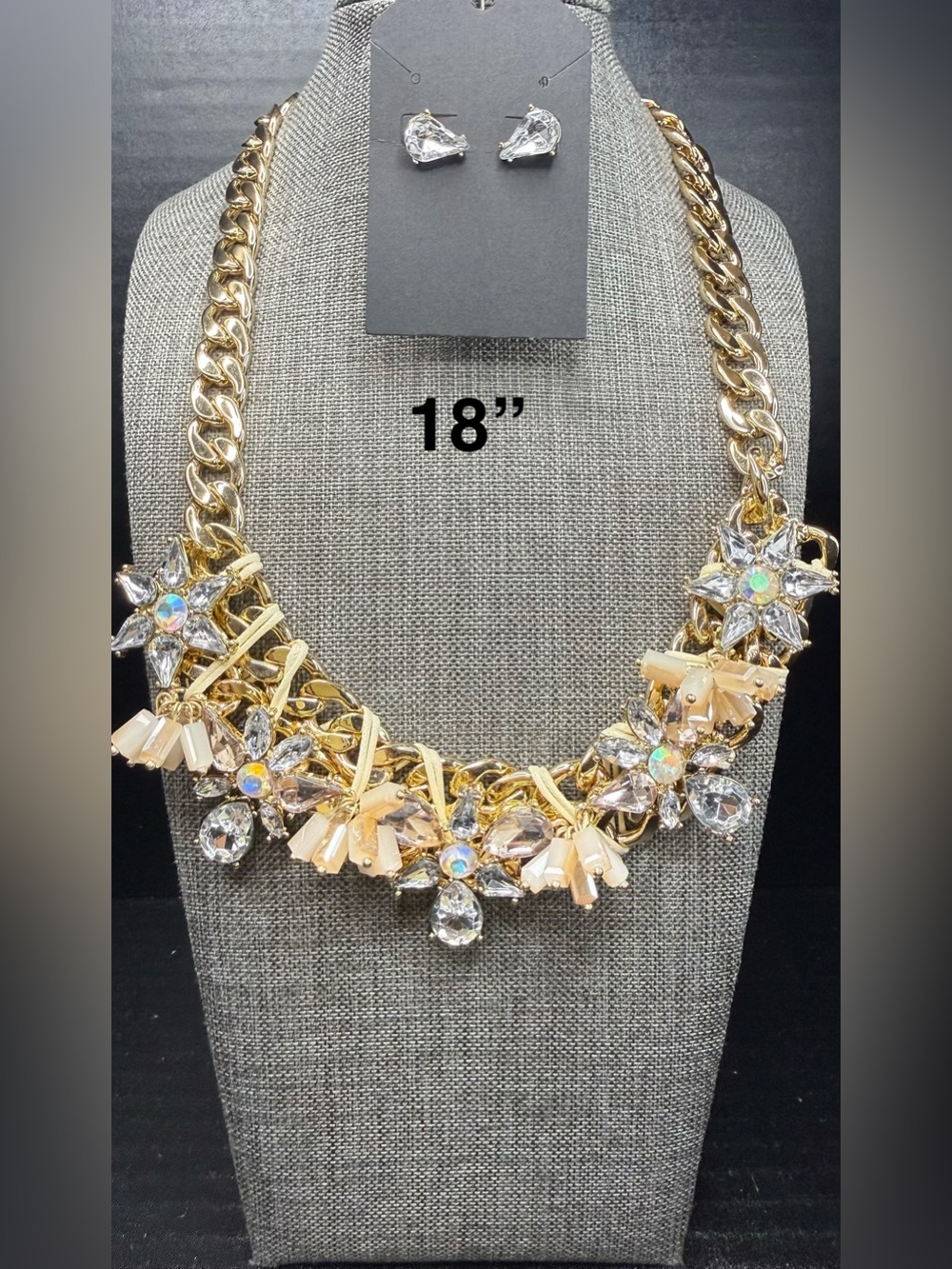 Gold Floral Crystal Statement Necklace - 18"
